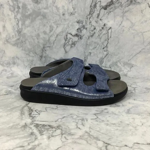 SAS Sz 9M Silver Blue Leather Cozy Adjustable Comfort Slide Sandals Tripad D11-2
