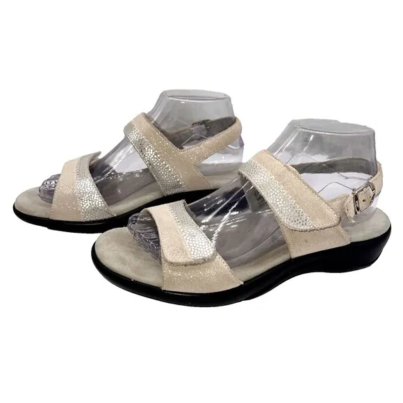 SAS Women's Sandals Nudu White Comfort Metallic Silver Trim Casual | 8 W