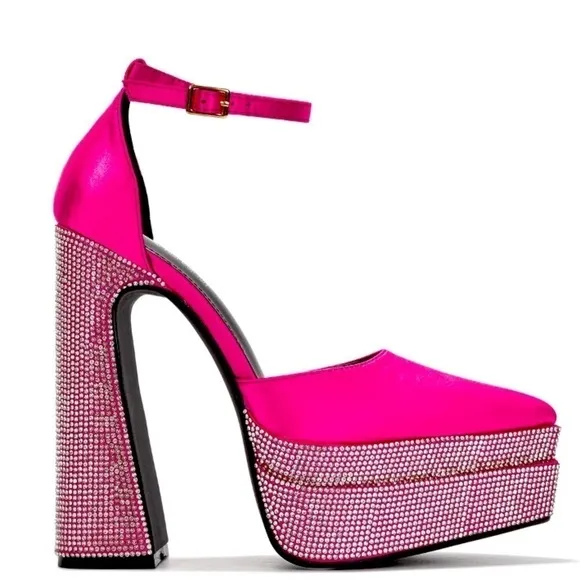 Satin rhinestone point toes platform heels fuchsia.