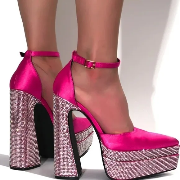 Satin rhinestone point toes platform heels fuchsia.
