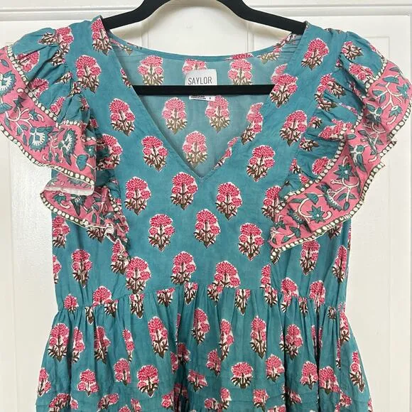 Saylor Malin Blue Floral Print Flutter Sleeve Mini Dress Size Small