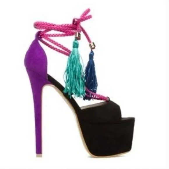 Scene Ariba Black Purple Patch Suede Platform Women Sandals Mixe size 8 heel