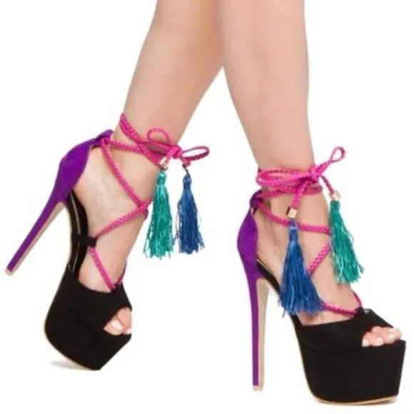 Scene Ariba Black Purple Patch Suede Platform Women Sandals Mixe size 8 heel