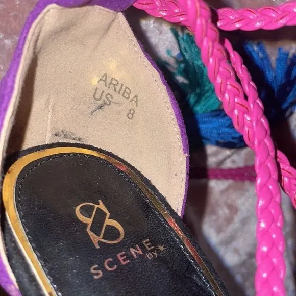Scene Ariba Black Purple Patch Suede Platform Women Sandals Mixe size 8 heel