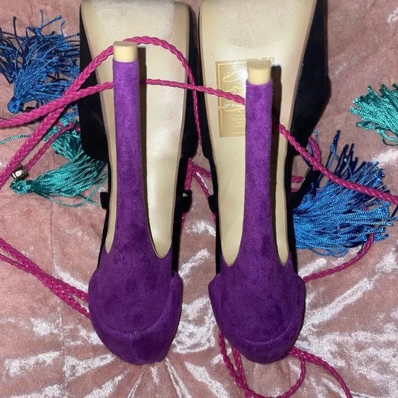 Scene Ariba Black Purple Patch Suede Platform Women Sandals Mixe size 8 heel