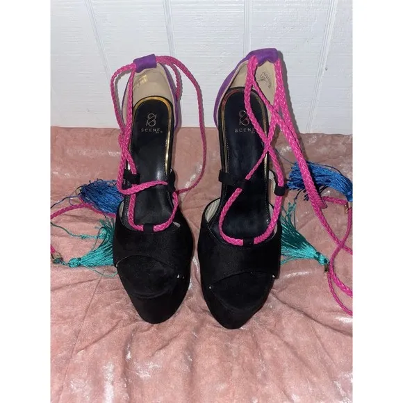 Scene Ariba Black Purple Patch Suede Platform Women Sandals Mixe size 8 heel