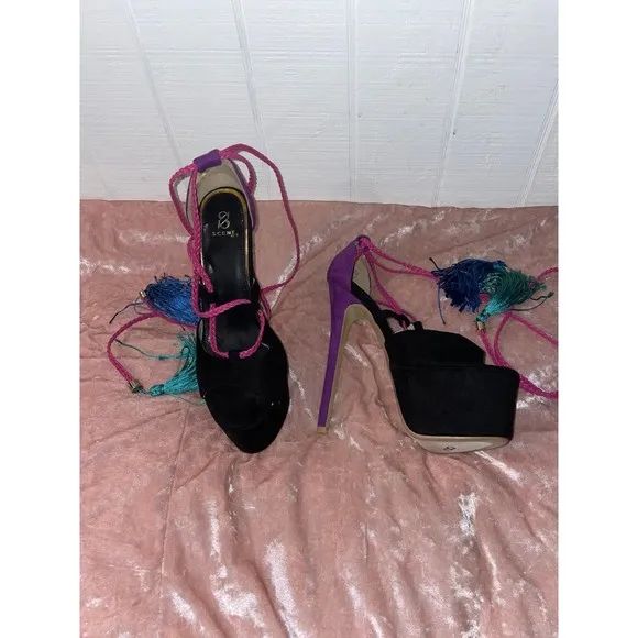 Scene Ariba Black Purple Patch Suede Platform Women Sandals Mixe size 8 heel