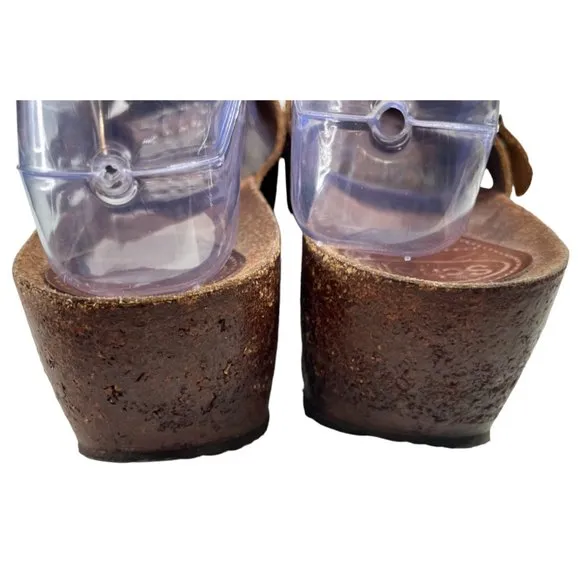 Scholl Women's Elon Bioprint Brown Leather Wedge Sandals EU 38/US 7-7.5 EUC