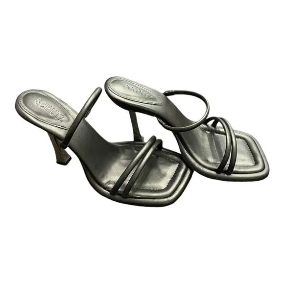 Schutz Agatha Strappy Leather Sandal Flared High Heel Square Toe Black Size 7.5B
