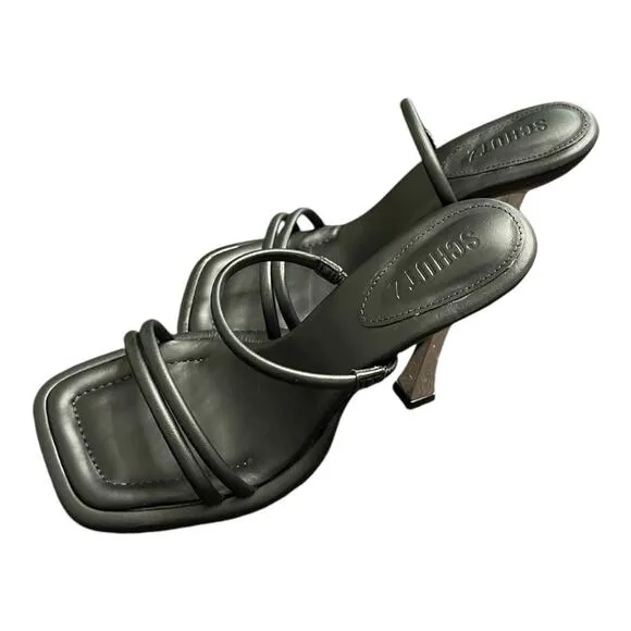 Schutz Agatha Strappy Leather Sandal Flared High Heel Square Toe Black Size 7.5B