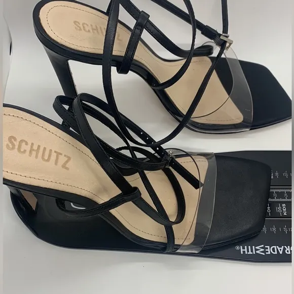 SCHUTZ Aisha Black 11 Square Toe Transparent Strap High Heel Sandals Wedding