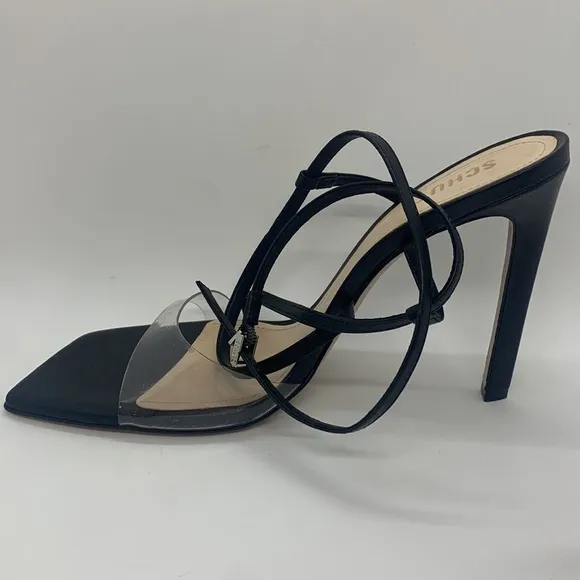 SCHUTZ Aisha Black 11 Square Toe Transparent Strap High Heel Sandals Wedding