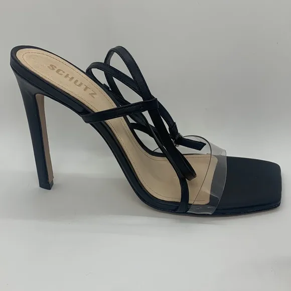 SCHUTZ Aisha Black 11 Square Toe Transparent Strap High Heel Sandals Wedding