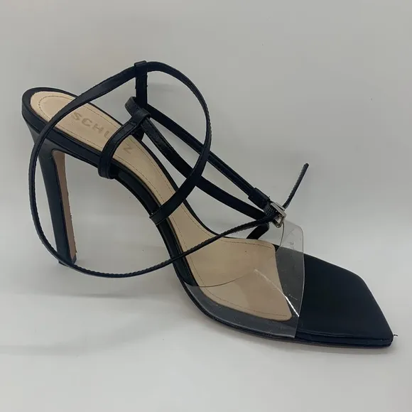 SCHUTZ Aisha Black 11 Square Toe Transparent Strap High Heel Sandals Wedding