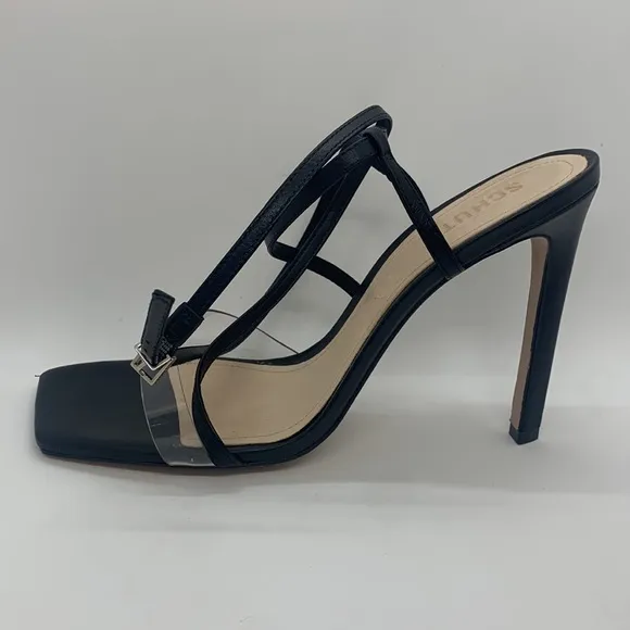 SCHUTZ Aisha Black 11 Square Toe Transparent Strap High Heel Sandals Wedding
