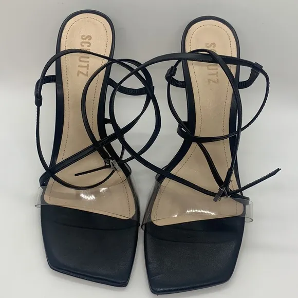 SCHUTZ Aisha Black 11 Square Toe Transparent Strap High Heel Sandals Wedding