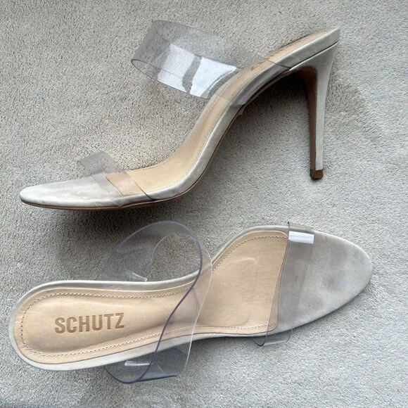 Schutz Ariella Clear Straps Heeled Sandals Beige Leather Inner Sole Women 9.5 B