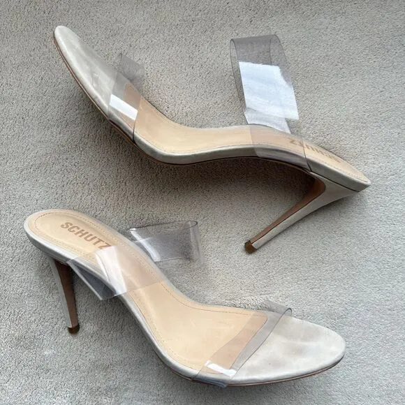 Schutz Ariella Clear Straps Heeled Sandals Beige Leather Inner Sole Women 9.5 B