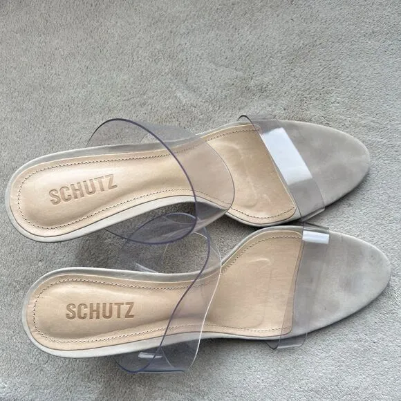Schutz Ariella Clear Straps Heeled Sandals Beige Leather Inner Sole Women 9.5 B