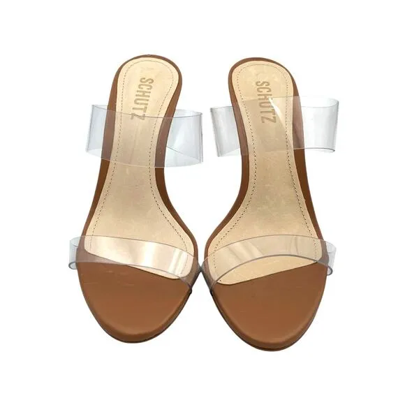 Schutz Ariella NWOB Faux Leather Cognac Brown Open Toe High Stiletto Sandals