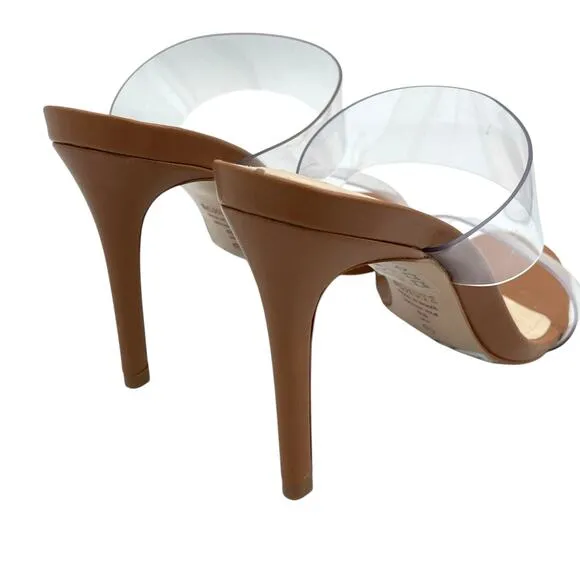Schutz Ariella NWOB Faux Leather Cognac Brown Open Toe High Stiletto Sandals