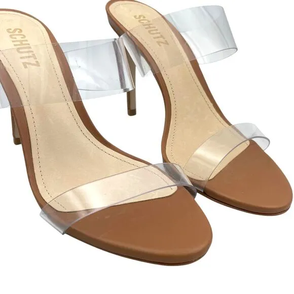 Schutz Ariella NWOB Faux Leather Cognac Brown Open Toe High Stiletto Sandals