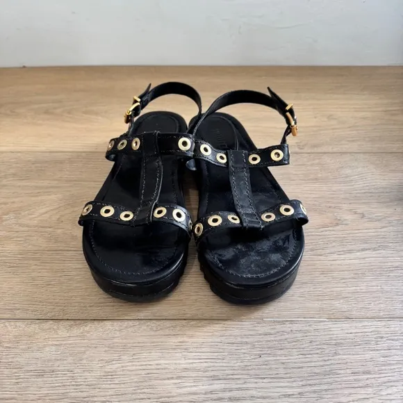 Schutz Black Leather Strappy Grommets Sandals Size 8