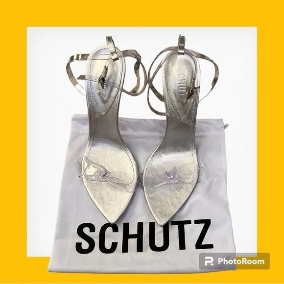 Schutz elyda metallic crystals embellished buckle ankle stiletto heels sandals