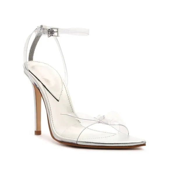 Schutz elyda metallic crystals embellished buckle ankle stiletto heels sandals