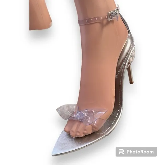 Schutz elyda metallic crystals embellished buckle ankle stiletto heels sandals