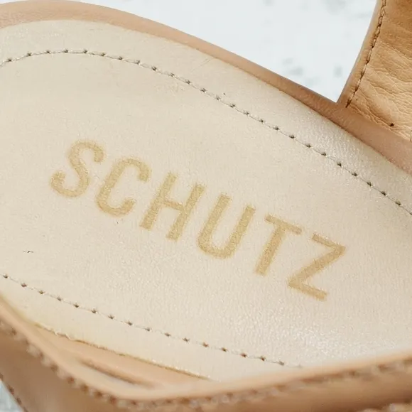 Schutz Hanna Honey Beige Leather Ankle Strap Block Heel Platform Sandals K145