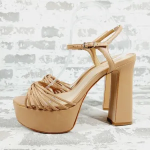 Schutz Hanna Honey Beige Leather Ankle Strap Block Heel Platform Sandals K145
