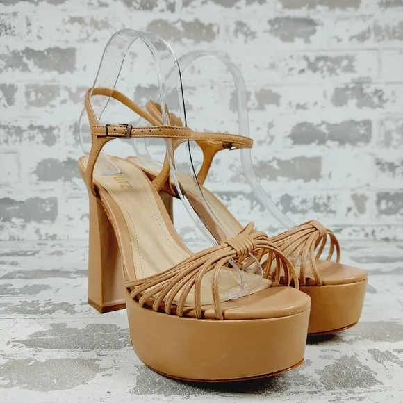 Schutz Hanna Honey Beige Leather Ankle Strap Block Heel Platform Sandals K145