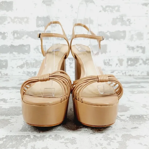 Schutz Hanna Honey Beige Leather Ankle Strap Block Heel Platform Sandals K145