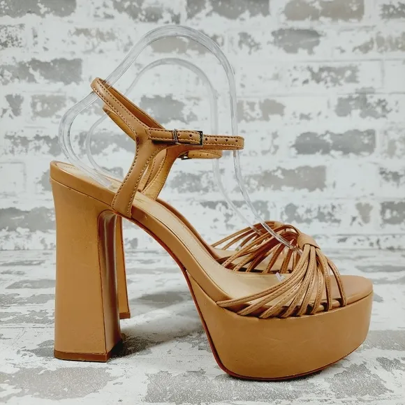 Schutz Hanna Honey Beige Leather Ankle Strap Block Heel Platform Sandals K145