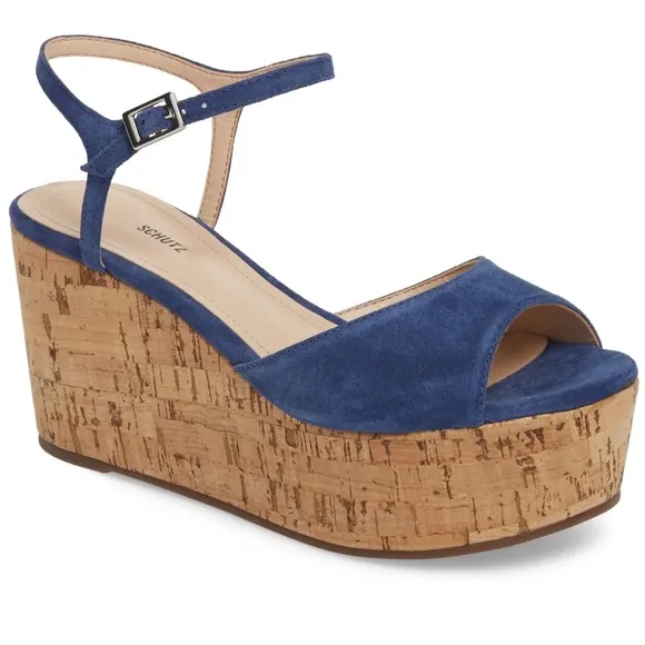 Schutz Heloise Blue Suede Platform Wedge Sandals