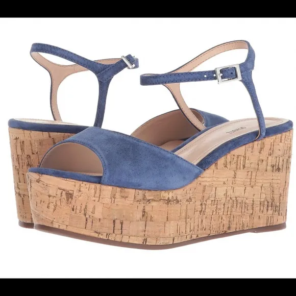 Schutz Heloise Blue Suede Platform Wedge Sandals