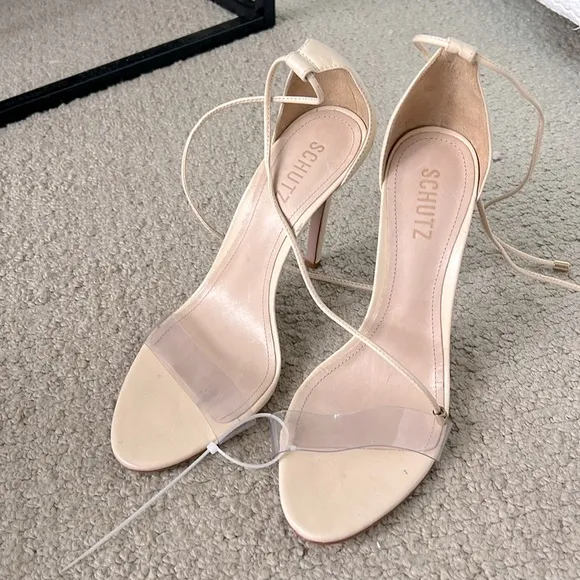 SCHUTZ Josseana Eggshell Leather Clear Strap High Heel Sandals 9
