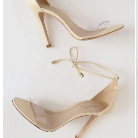 SCHUTZ Josseana Eggshell Leather Clear Strap High Heel Sandals 9