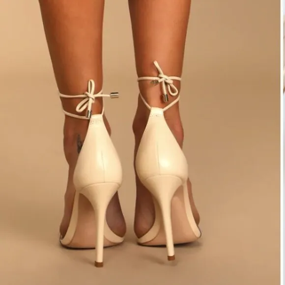 SCHUTZ Josseana Eggshell Leather Clear Strap High Heel Sandals 9