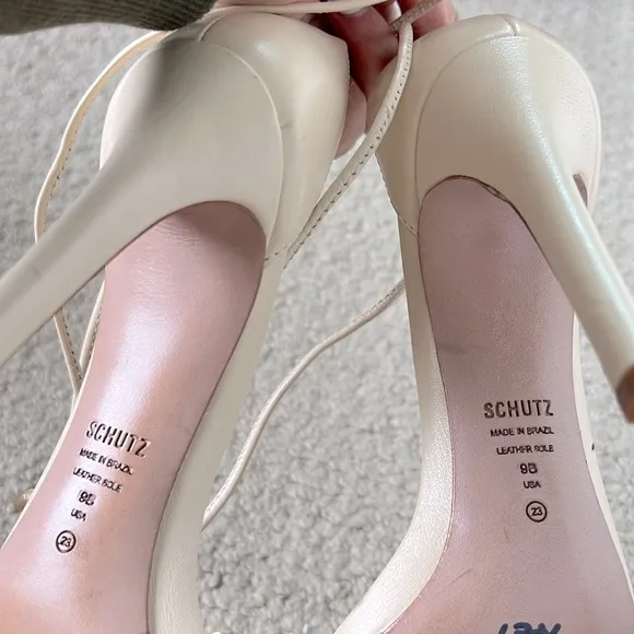 SCHUTZ Josseana Eggshell Leather Clear Strap High Heel Sandals 9