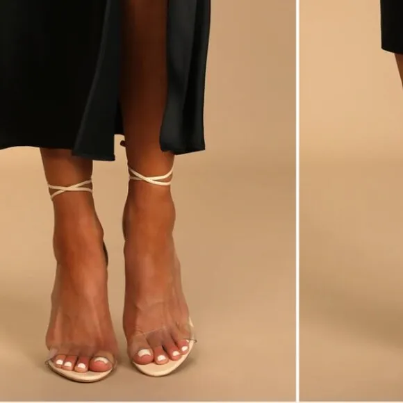 SCHUTZ Josseana Eggshell Leather Clear Strap High Heel Sandals 9