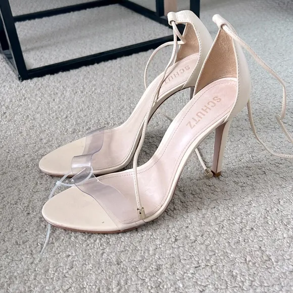 SCHUTZ Josseana Eggshell Leather Clear Strap High Heel Sandals 9