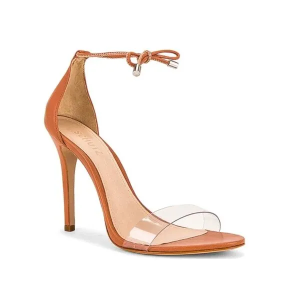 SCHUTZ JOSSEANA RUST/BROWN NAPPA LEATHER &amp; CLEAR VINYL ANKLE TIE STILETTO HEELS