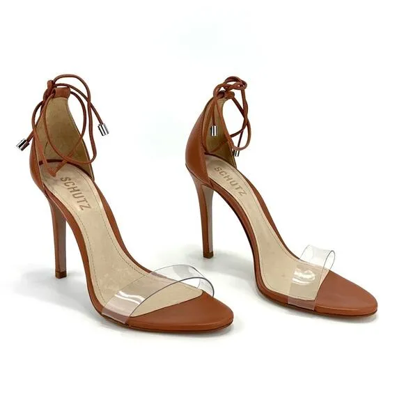SCHUTZ JOSSEANA RUST/BROWN NAPPA LEATHER &amp; CLEAR VINYL ANKLE TIE STILETTO HEELS
