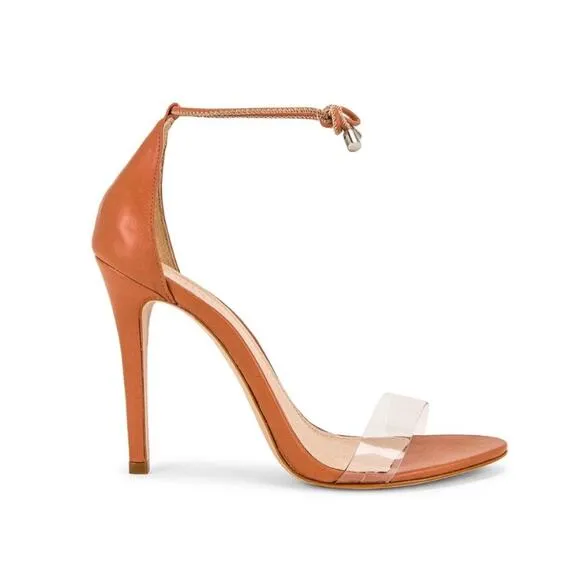 SCHUTZ JOSSEANA RUST/BROWN NAPPA LEATHER &amp; CLEAR VINYL ANKLE TIE STILETTO HEELS