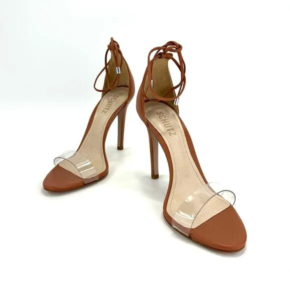 SCHUTZ JOSSEANA RUST/BROWN NAPPA LEATHER &amp; CLEAR VINYL ANKLE TIE STILETTO HEELS