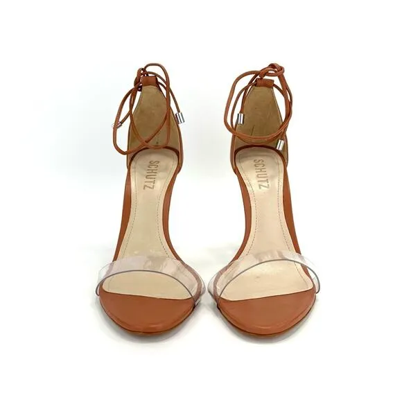 SCHUTZ JOSSEANA RUST/BROWN NAPPA LEATHER &amp; CLEAR VINYL ANKLE TIE STILETTO HEELS