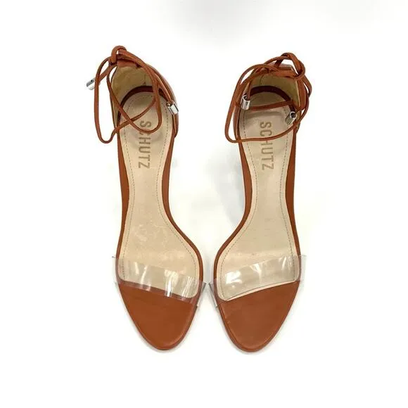 SCHUTZ JOSSEANA RUST/BROWN NAPPA LEATHER &amp; CLEAR VINYL ANKLE TIE STILETTO HEELS