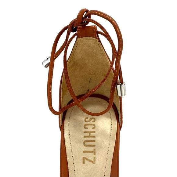 SCHUTZ JOSSEANA RUST/BROWN NAPPA LEATHER &amp; CLEAR VINYL ANKLE TIE STILETTO HEELS